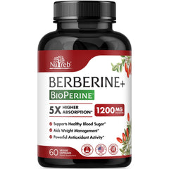 Nutreb Berberine 1200mg bottle shows high-purity formula for daily wellness.