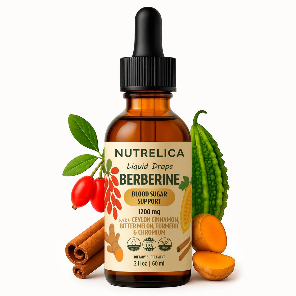 Nutrelica berberine-cinnamon liquid drops bottle supports potential blood sugar balance and steady energy.