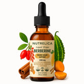 Nutrelica berberine-cinnamon liquid drops bottle supports potential blood sugar balance and steady energy.
