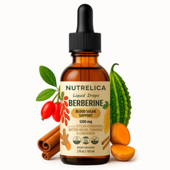 Nutrelica berberine-cinnamon liquid drops bottle supports potential blood sugar balance and steady energy.