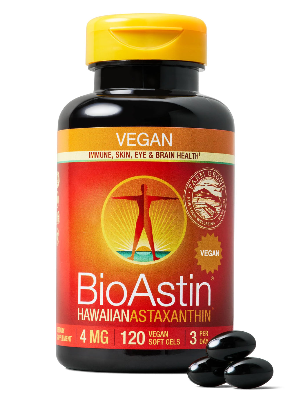 Nutrex Hawaii BioAstin bottle close-up showing vegan antioxidant support