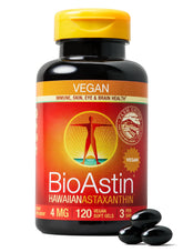 Nutrex Hawaii BioAstin bottle close-up showing vegan antioxidant support