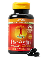 Nutrex Hawaii BioAstin bottle close-up showing vegan antioxidant support