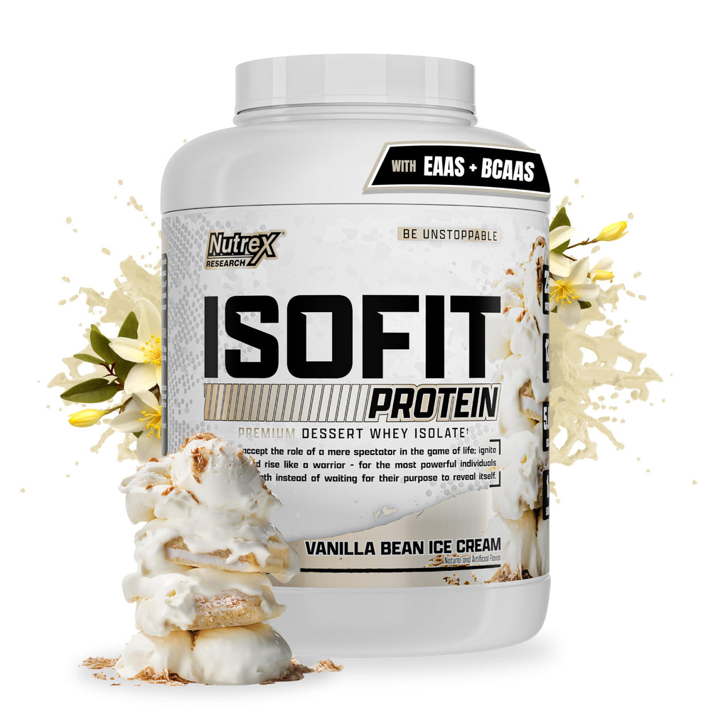 Nutrex IsoFit vanilla ice cream tub front highlighting whey isolate for lean gains.