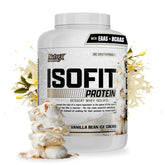 Nutrex IsoFit vanilla ice cream tub front highlighting whey isolate for lean gains.