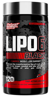 Nutrex Lipo-6 Black Max bottle aids workout energy and focus.
