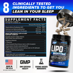 Nutrex Lipo 6 Nighttime bottle back with usage info and sleep-support ingredients