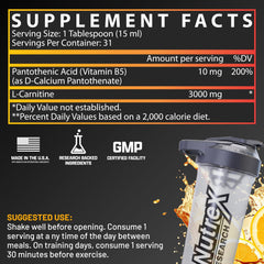 Label close-up of Nutrex Liquid Carnitine 3000 highlighting Orange Mango flavor.