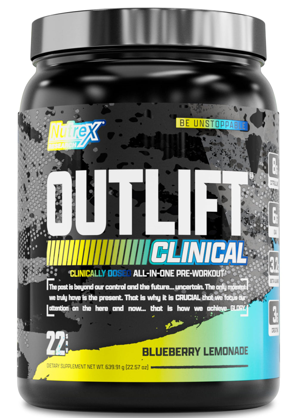 Nutrex Outlift blueberry-lemonade tub signaling energy-boosting pre-workout.