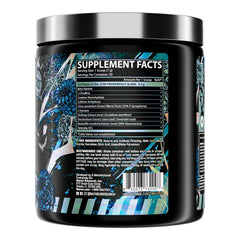 Nutrex Outrage blue raspberry label close-up highlights high-stim formula.