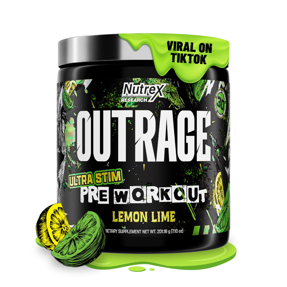 Nutrex Outrage bottle with Lemon Lime flavor ready for a powerful workout