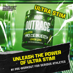 Nutrex Outrage scoop-dispense showing powder for a focused pre-workout session