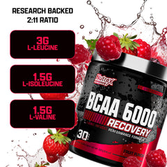 Nutrex Research BCAA Powder 6000 label close-up highlighting 2:1:1 ratio.