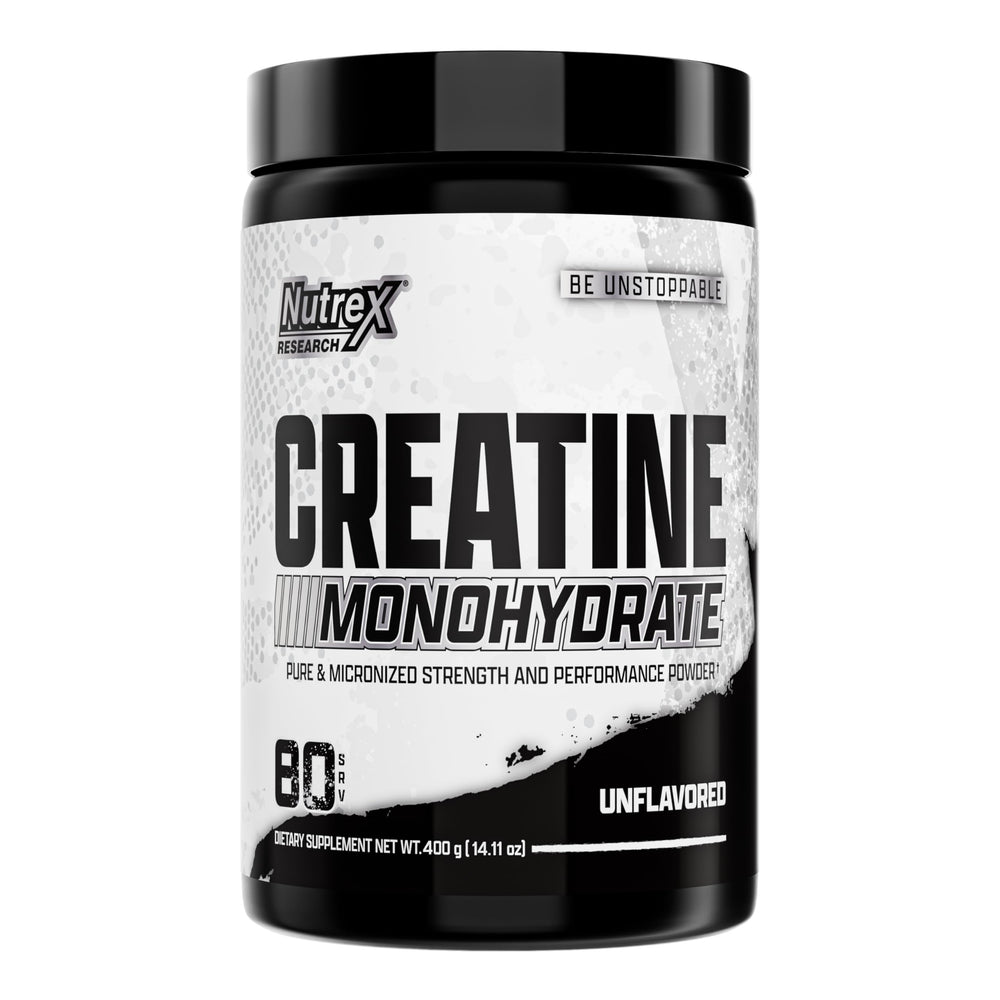 Nutrex Research Ultra Pure Creatine Monohydrate powder in a jar for daily energy support during workouts.