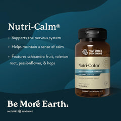 Nutri-Calm capsules closeup highlights natural herbal ingredients for stress relief and mood support.