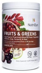 Nutri-Dyn Fruits and Greens bottle closeup showing organic superfood blend and vibrant color