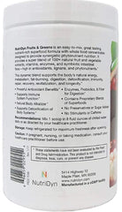 Nutri-Dyn Fruits and Greens label and packaging communicates organic, gluten-free credentials
