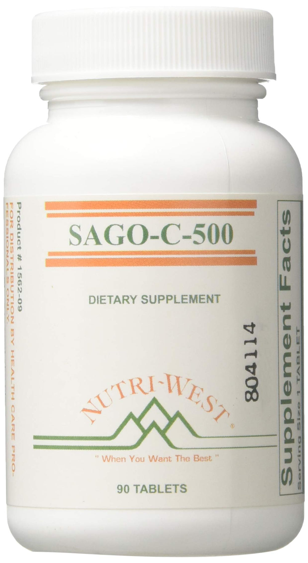 Nutri-West Sago-C-500 bottle front view with 90 tablets for daily use.