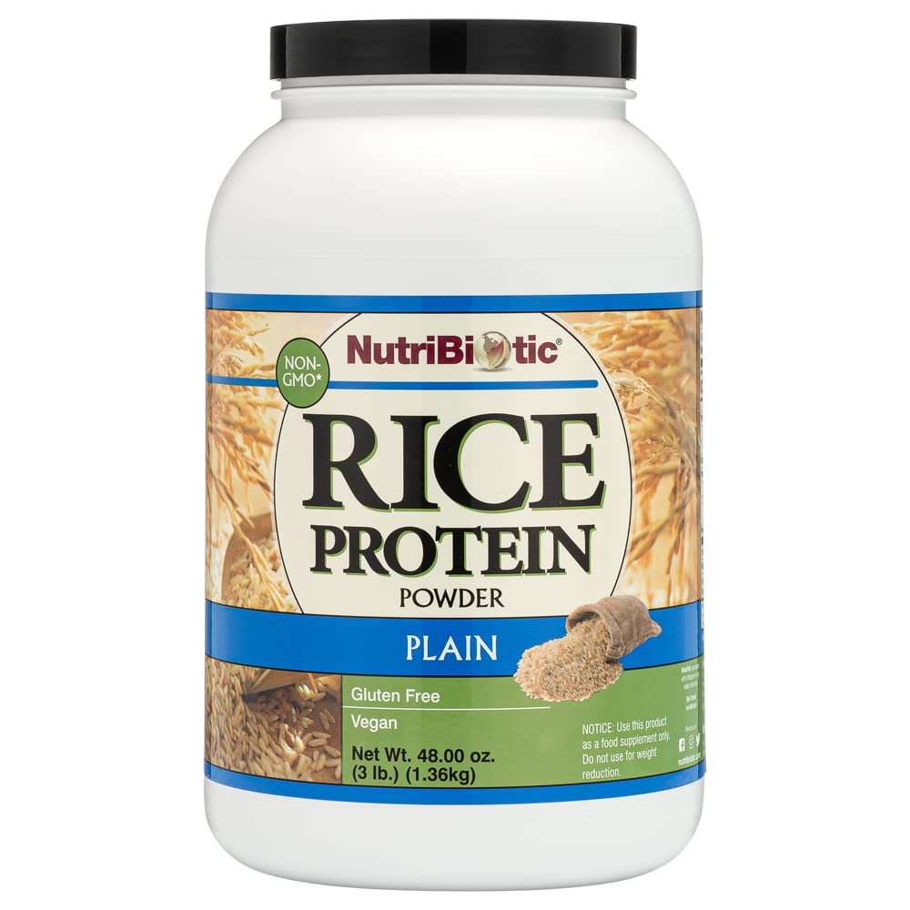 NutriBiotic Rice Protein bag displays clean packaging and gluten-free plant protein.