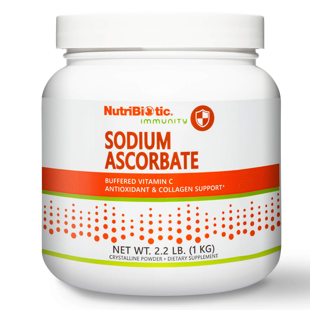 NutriBiotic sodium ascorbate powder bottle showing vegan, non-acidic vitamin C support.