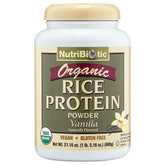 NutriBiotic bottle shows vanilla flavored organic rice protein for everyday meals