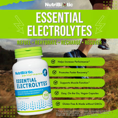 NutriBiotic Essential Electrolytes capsules poured from bottle for easy dosing.