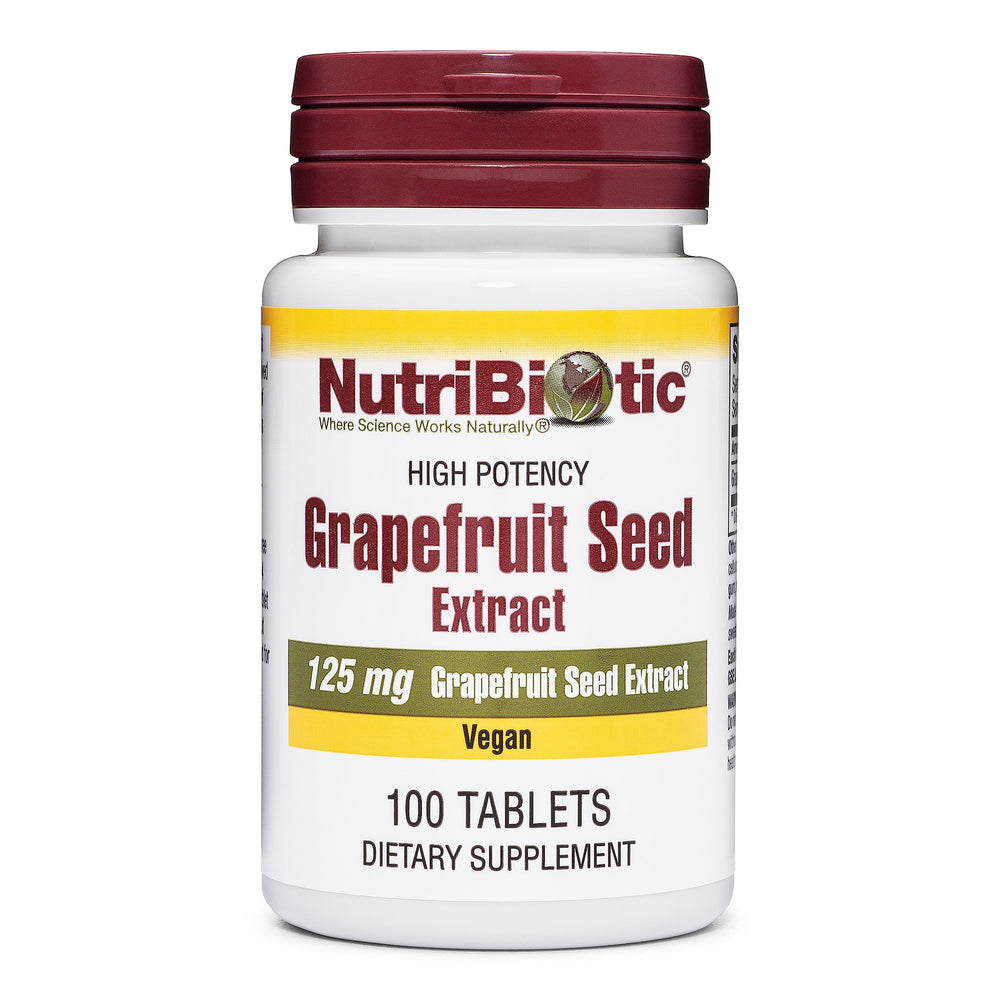 NutriBiotic Grapefruit Seed Extract tablets bottle with bioflavonoids for daily immune support.