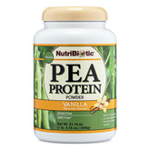 NutriBiotic pea protein vanilla bottle; creamy vegan protein for smoothies.