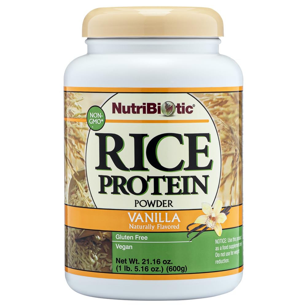 NutriBiotic packaging front for vanilla rice protein, appealing and vegan-friendly