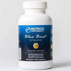 Nutricel Methylene Blue Capsules with blue water confirming authenticity.