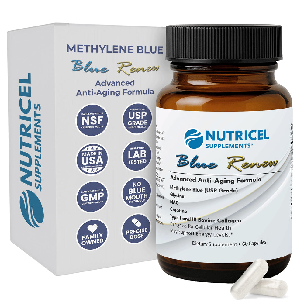 Nutricel Methylene Blue capsules bottle front shows easy dosage and trusted brand.