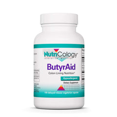 Nutricology ButyrAid bottle front label showing vegetarian capsules for gut support.
