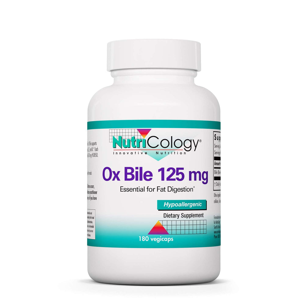 Nutricology Ox Bile 125 mg bottle front for daily digestive support with meals.