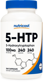 Nutricost 5-HTP 100mg bottle close-up for daily convenient capsules