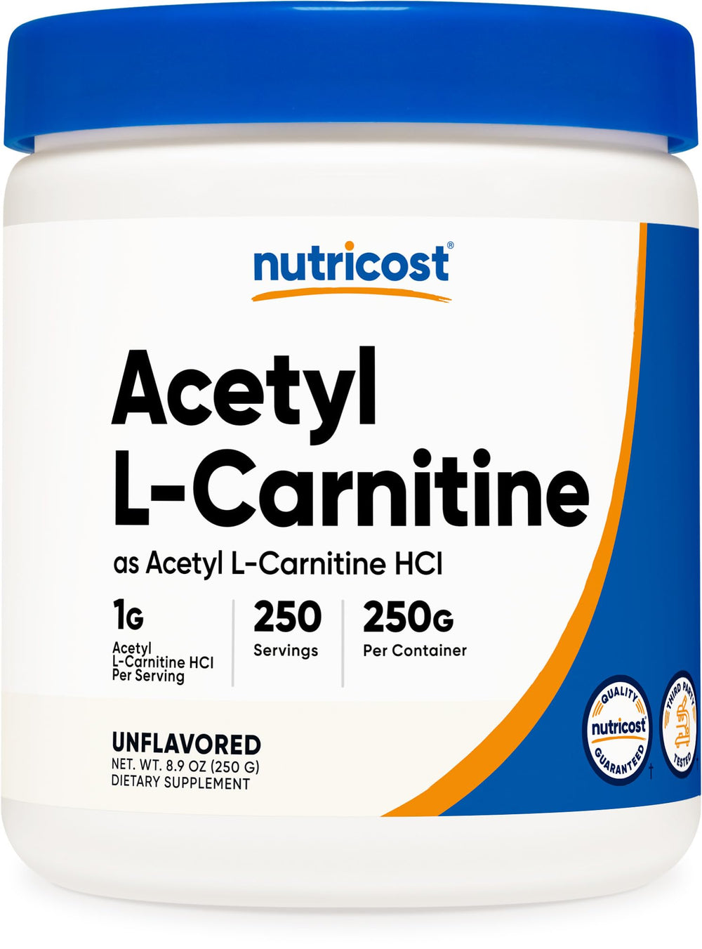 Nutricost Acetyl L-Carnitine ALCAR powder bottle close-up for daily use