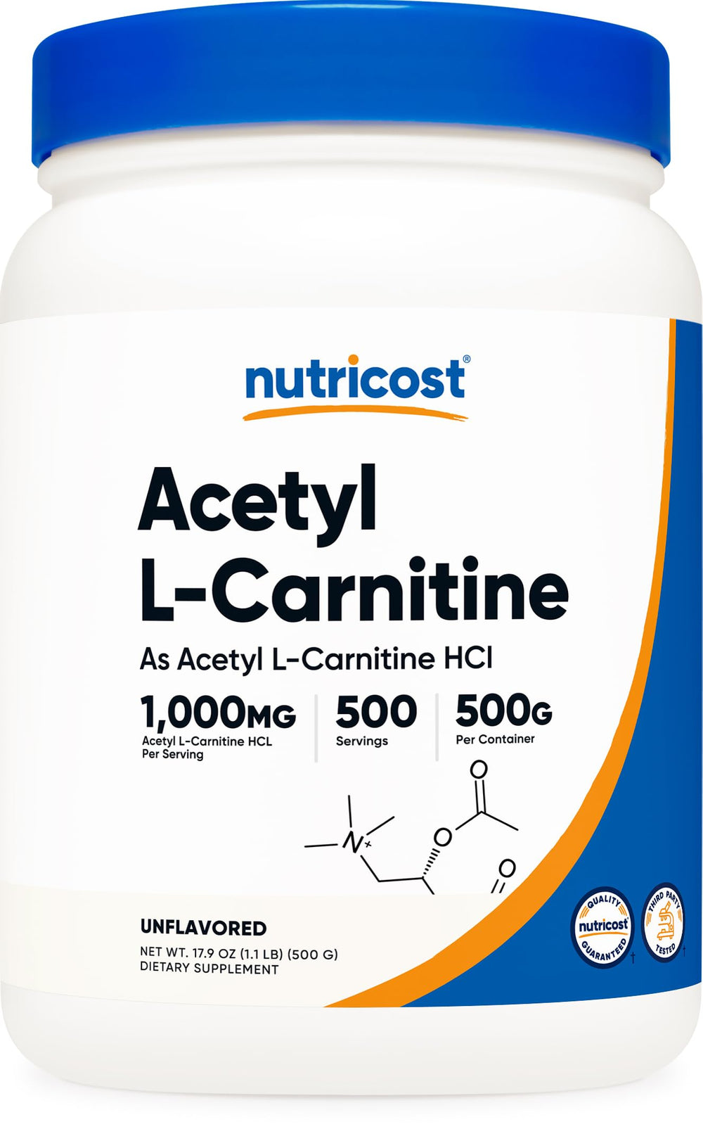 Nutricost Acetyl L-Carnitine powder jar showcasing purity and 1000mg per serving.