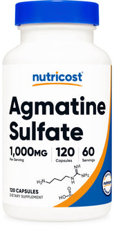 Nutricost Agmatine Sulfate bottle with servings for workouts.