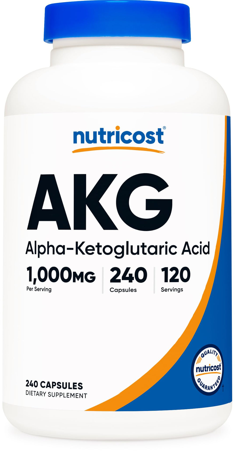 Nutricost AKG alpha ketoglutaric acid supplement bottle shown for daily energy support