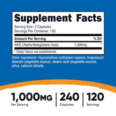 Nutricost AKG capsules close-up showing 1,000 mg dose for potency and consistency