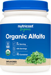 Nutricost Organic Alfalfa Powder bottle shows USDA Organic label for clean nutrition.