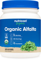 Nutricost Organic Alfalfa Powder bottle shows USDA Organic label for clean nutrition.