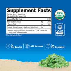 Nutricost Alfalfa Powder serving scoop ready for quick, precise measurement.
