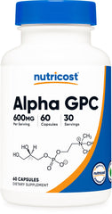 Nutricost Alpha GPC 600mg bottle packaging highlights quality and value for daily use.