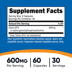 Close-up of Nutricost Alpha GPC 600mg capsules for easy daily dosing.