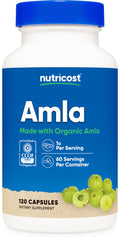 Nutricost Amla bottle with capsules highlights organic, non-GMO daily wellness.