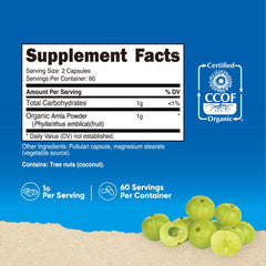 Nutricost Amla label close-up shows organic certification and quality standards.