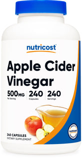 Nutricost Apple Cider Vinegar Capsules bottle with 500mg per capsule and The Mother