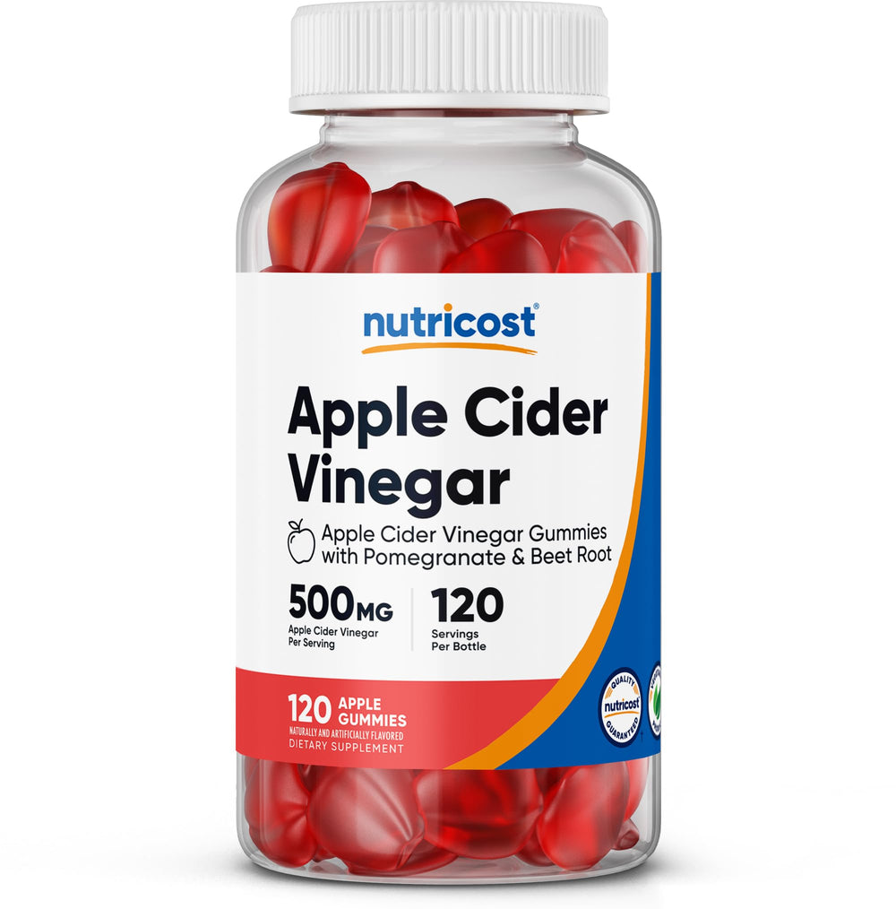 Nutricost Apple Cider Vinegar Gummies bottle front, apple flavor for easy daily use.