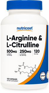Nutricost L-Arginine L-Citrulline Complex bottle front view for workout support