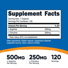 Close-up of Nutricost capsules showing the L-Arginine L-Citrulline complex for daily use